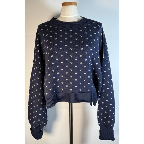 Free People Easy Street Sweater Navy Blue White Oversized Crop NWT New Winter - Picture 1 of 13